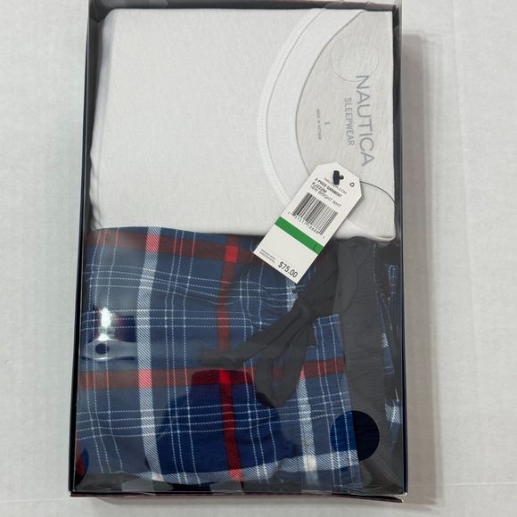 Nautica Sz L Men's PJ Set White Blue Multi Crew Neck Cozy Pants - Picture 7 of 12